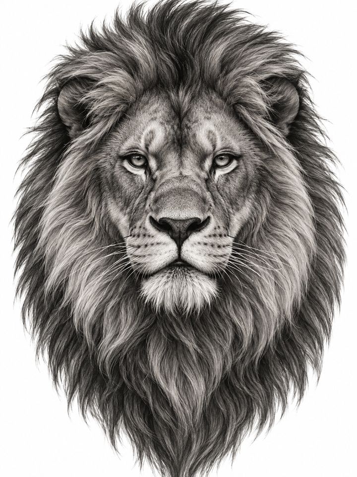 Proposta de tatuagem: leão realista em black and grey (exemplo gerado por IA)